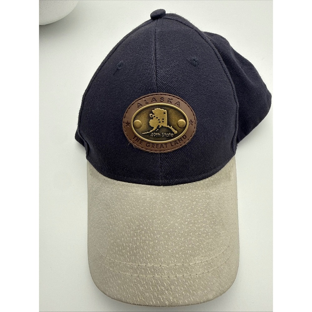 Alaska 49th State Hat Navy Tan Leather Strap Metal Emblem ACE Adjustable Cap